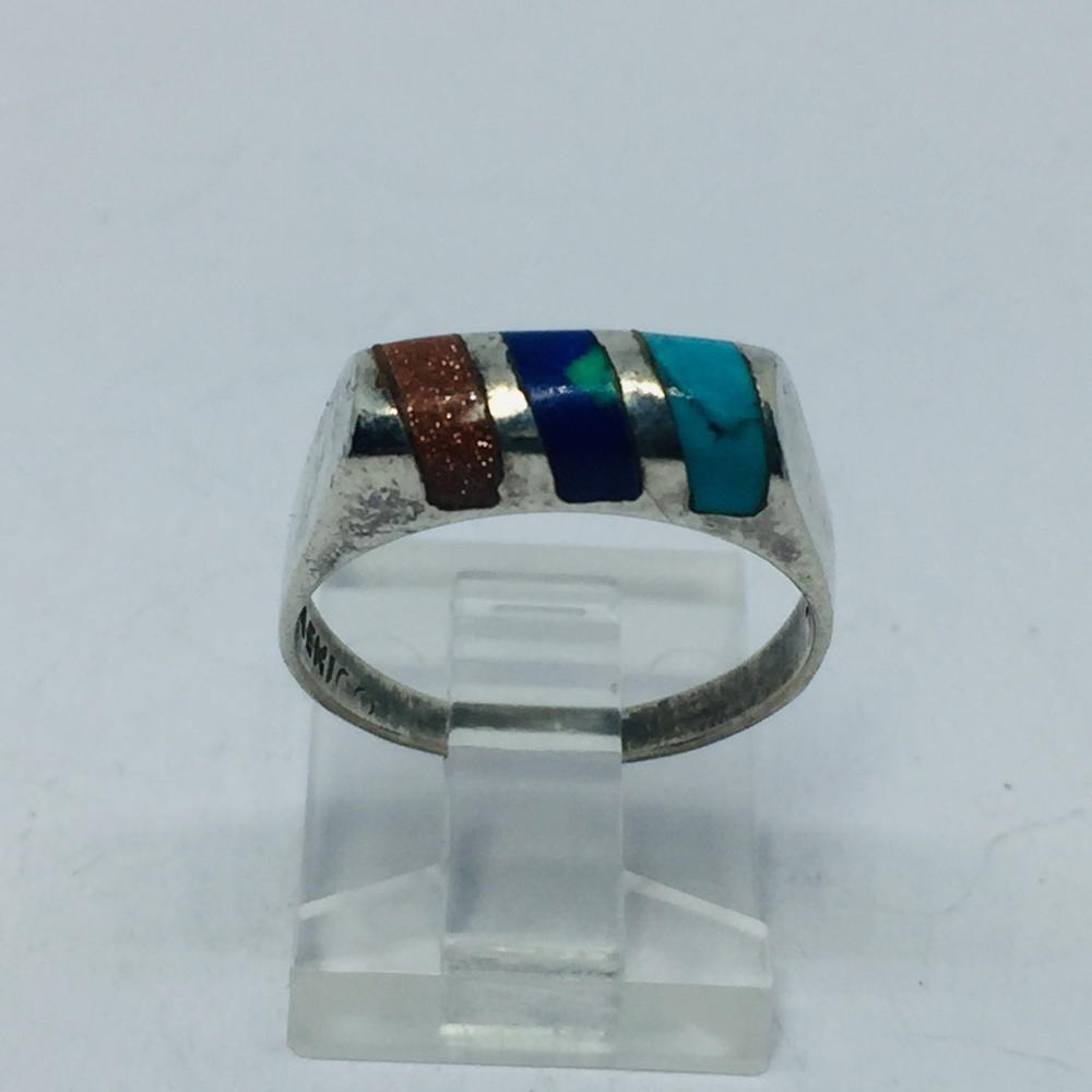 SOLD Sterling TAXCO Ring Pyrite, Lapis & Turquoise - Picture 2 of 8